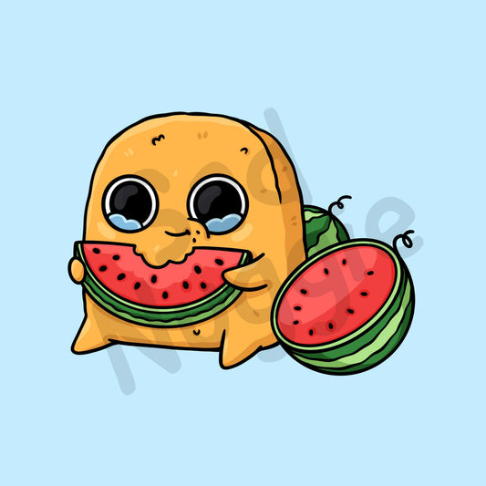 Trauriger Nuggie-Aufkleber, der Wassermelone isst
