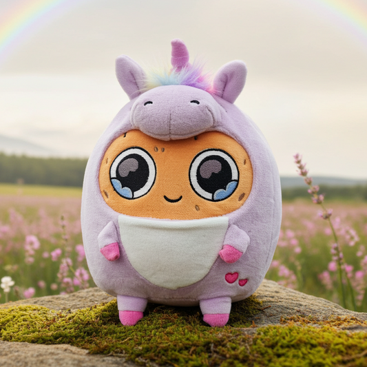 Sad Nuggie Pink Plush toy with unicorn design on a rock with a rainbow in the background