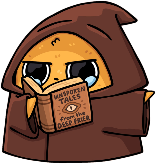 A hooded Nuggie reading Unspoken Tales from the Deep Frier